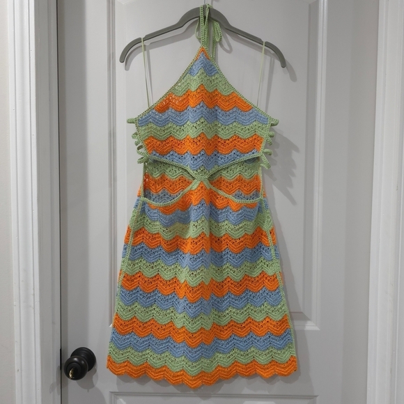 ZARA Colorful Cut Out Scalloped Stripe Crochet Mini Halter Dress, Sheer, M - Picture 3 of 16